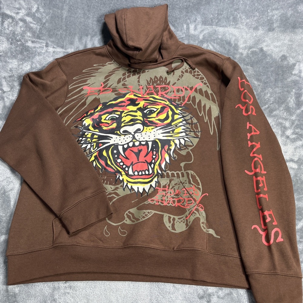 Ed Hardy Jacket Mens Large Brown Pullover Los Angeles‎ Graphic Print Fleece NWT